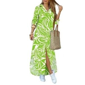 Green White Print Maxi Shirt Dress Long Sleeve‎ Button Down Slit Casual